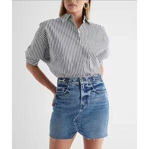 Express Blue Indigo Denim Gold Tone Horsebit Cut Off Raw Hem Jean Mini Skirt